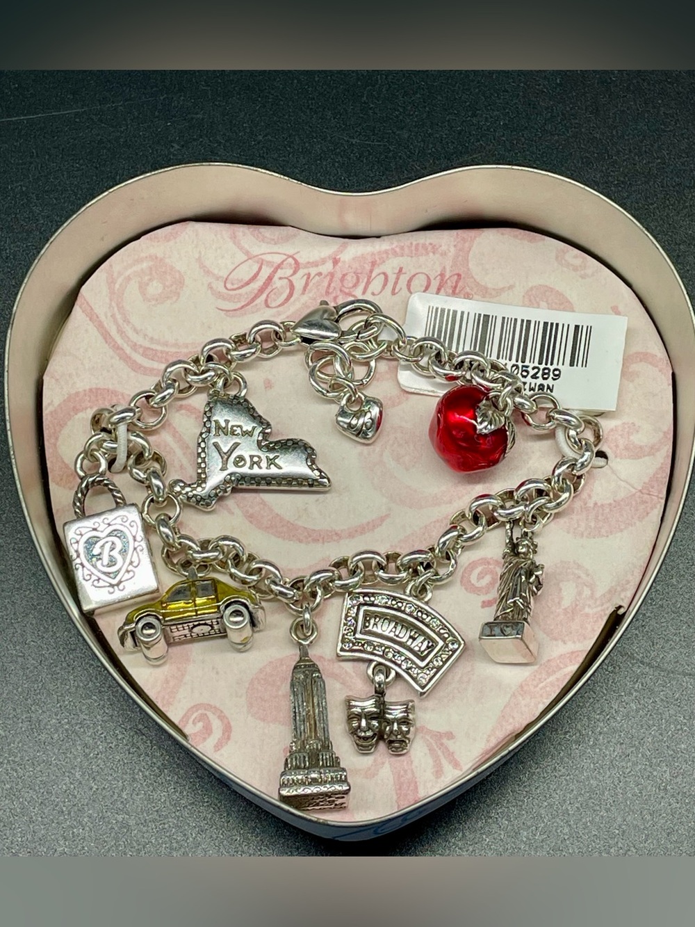 Brighton Silver New York Landmark Charm Bracelet in Original Heart Shaped Box
